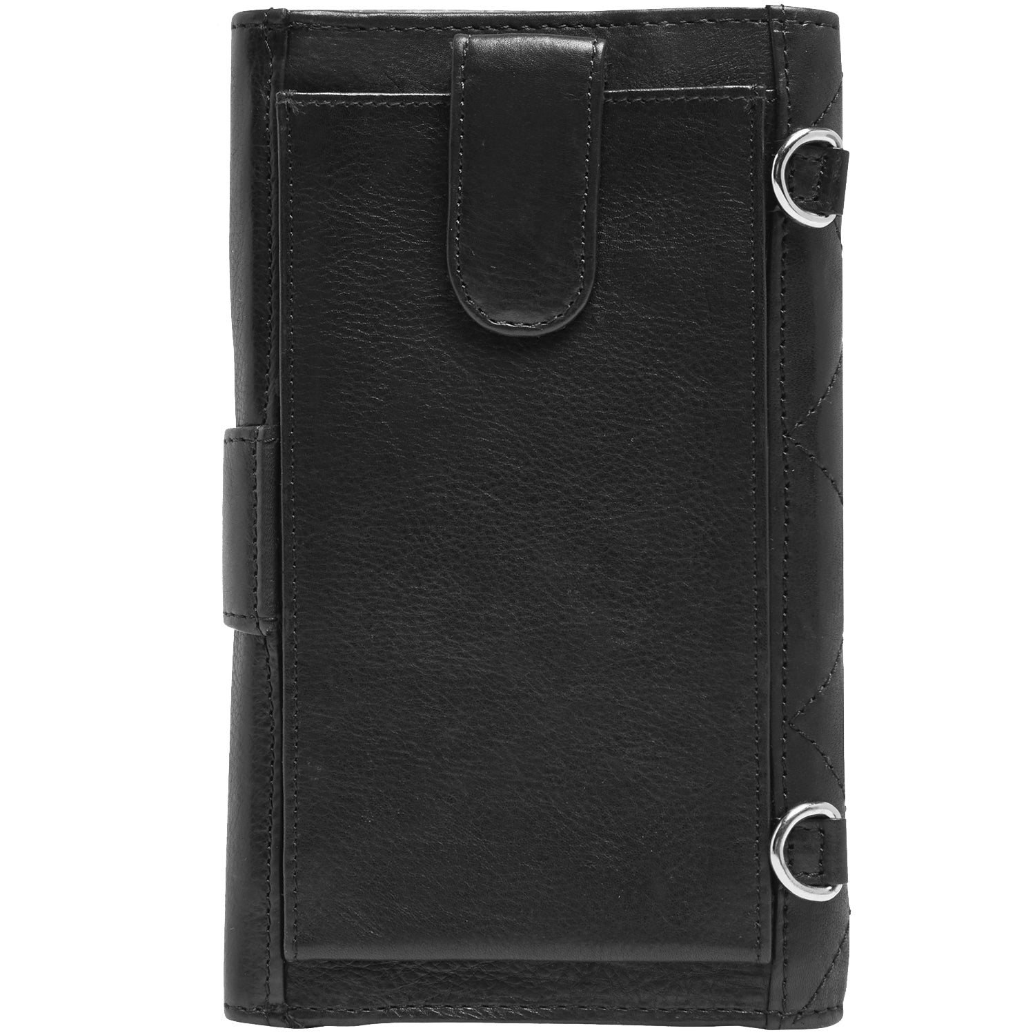 Black leather wallet with ring binder on a white background