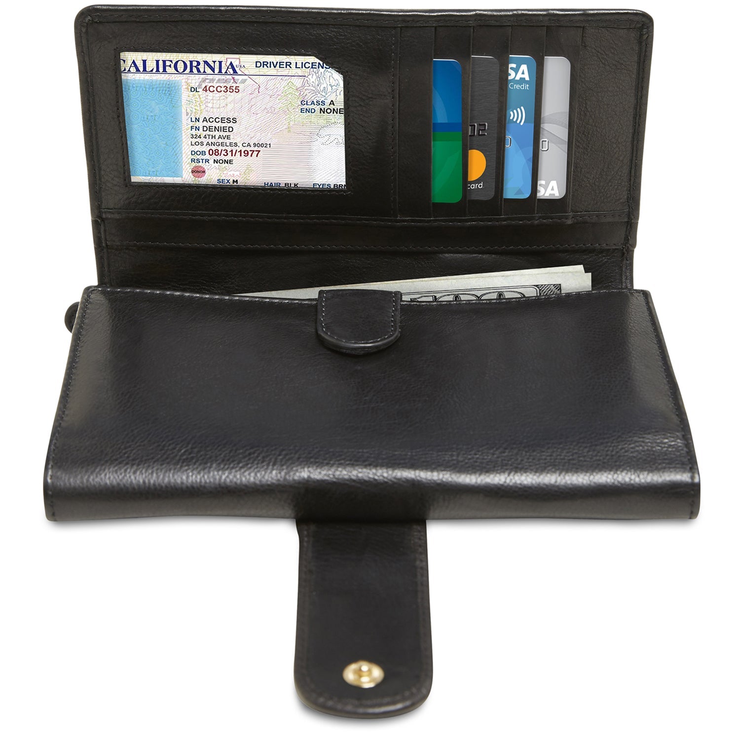 Black leather wallet with cards and money on a white background