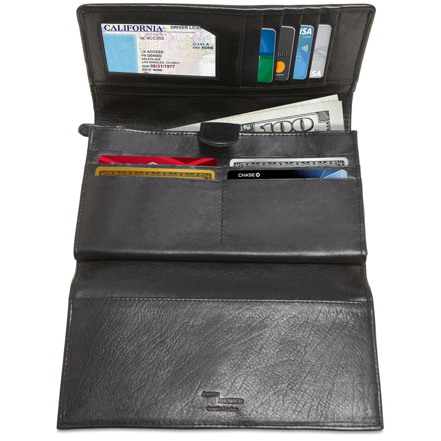 Black leather wallet with various cards and money on a white background