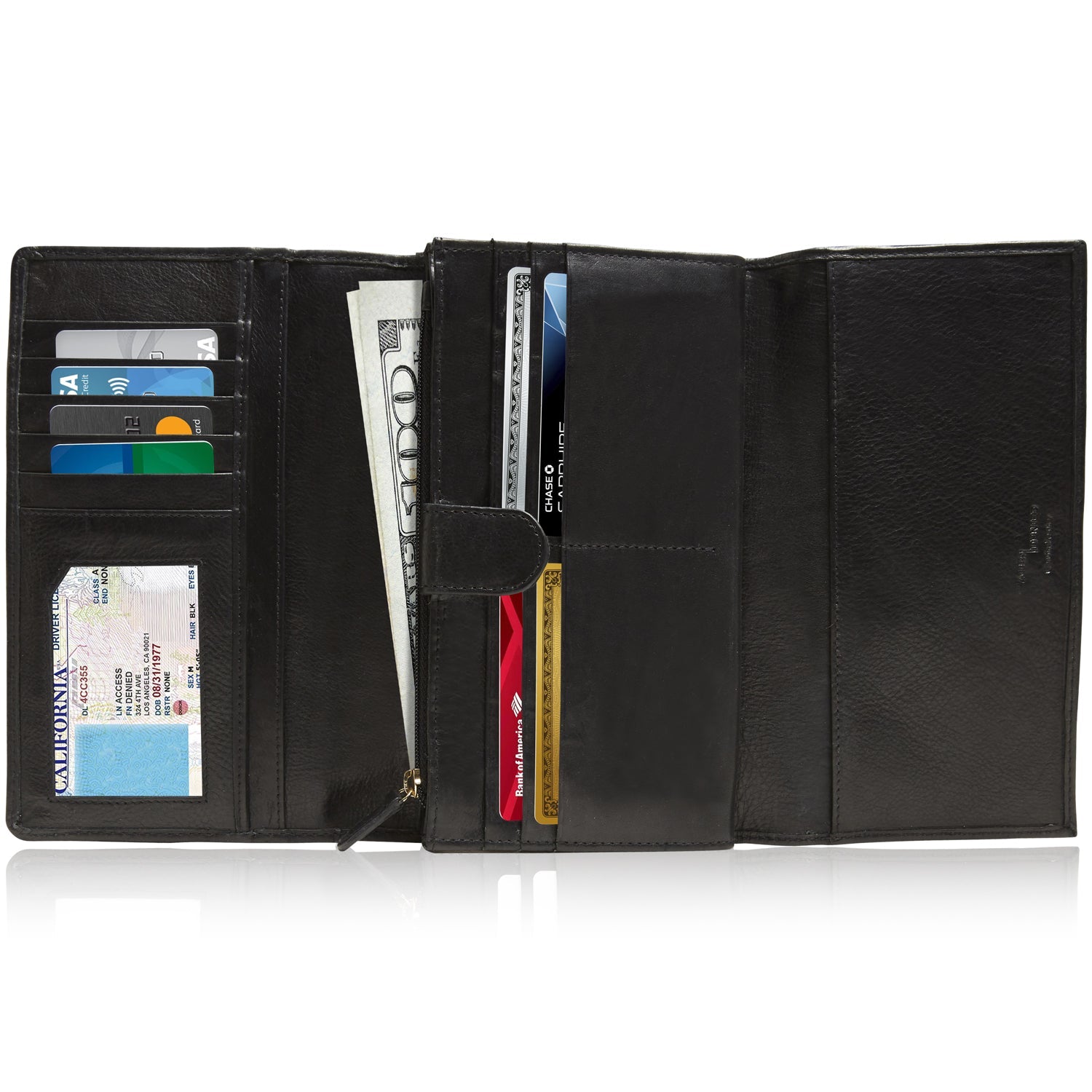 Black leather wallet with various cards and money compartments on a white background