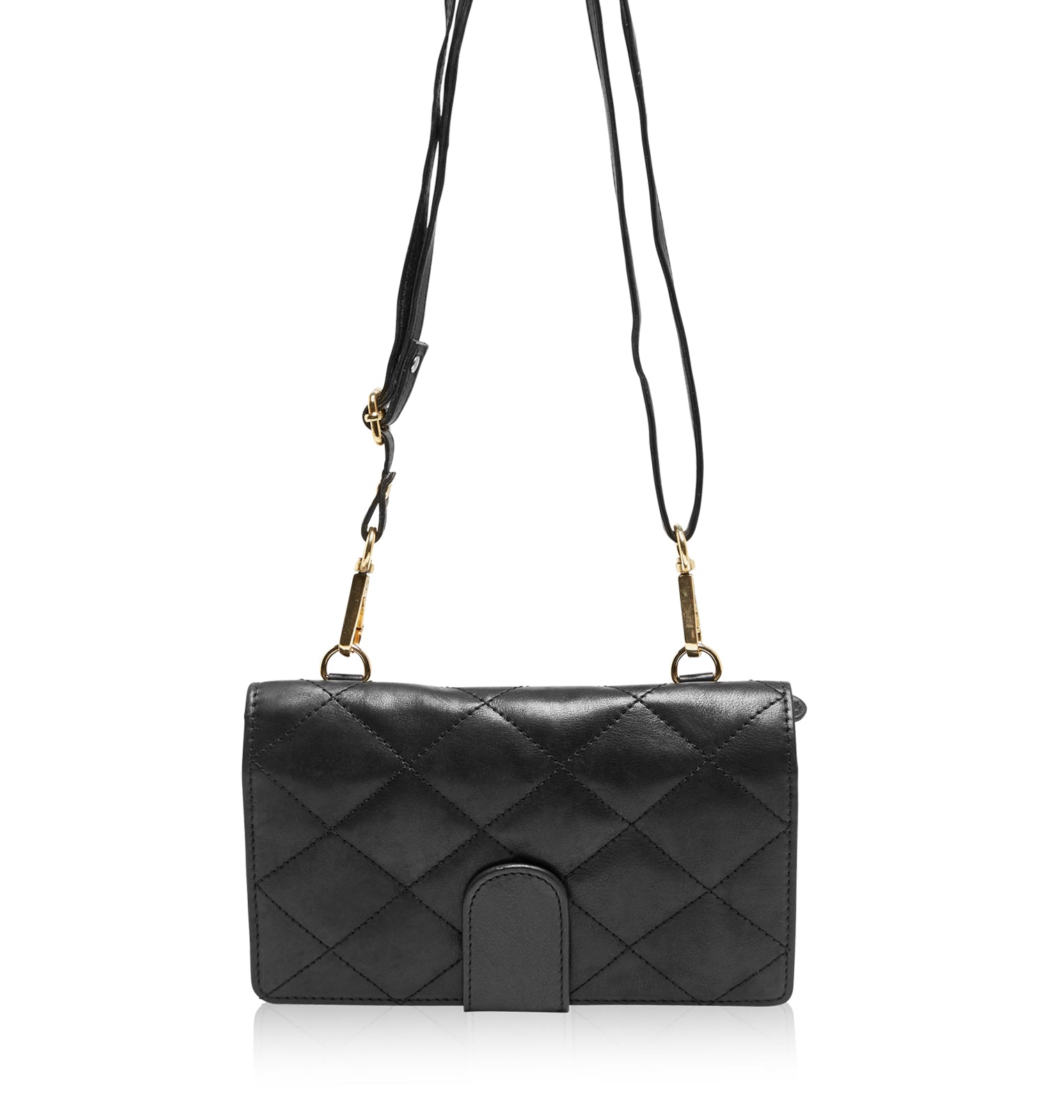 Black quilted handbag with a strap on a white background