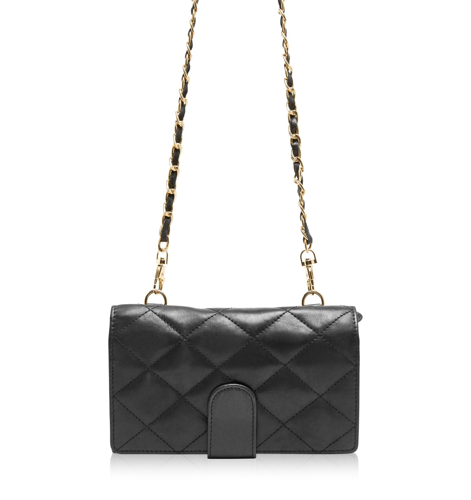 Black quilted handbag with a gold chain strap on a white background