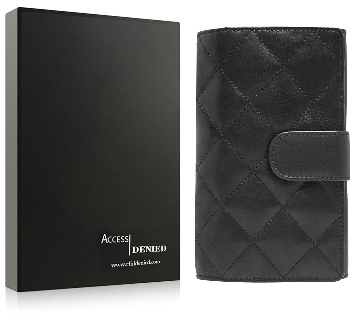 Black quilted phone case with 'Access Denied' branding on a black box