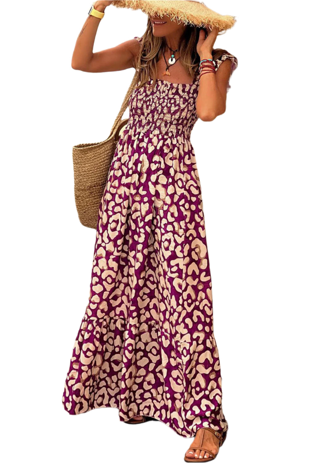 Rose Leopard Ruffle Straps Smocked High Waist Long Dress