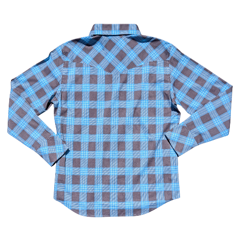 Blue and brown plaid shirt on a white background