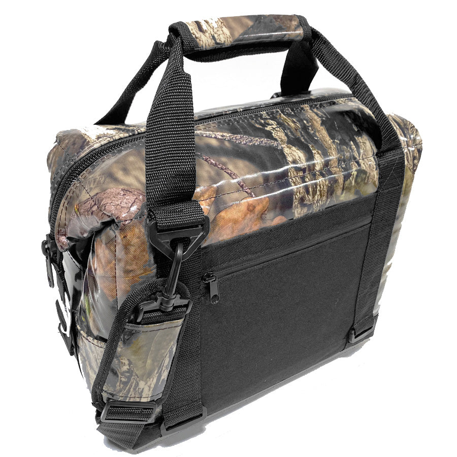 Camouflage bag with black straps on a white background