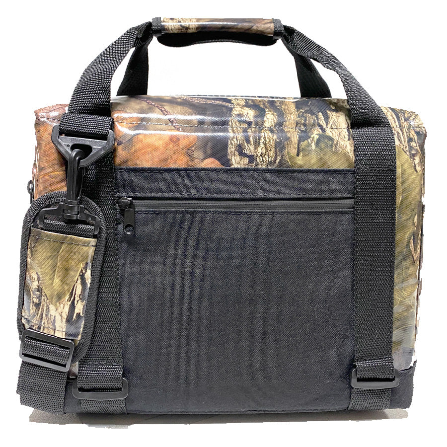 Black and camouflage cooler bag with clear side panels on a white background