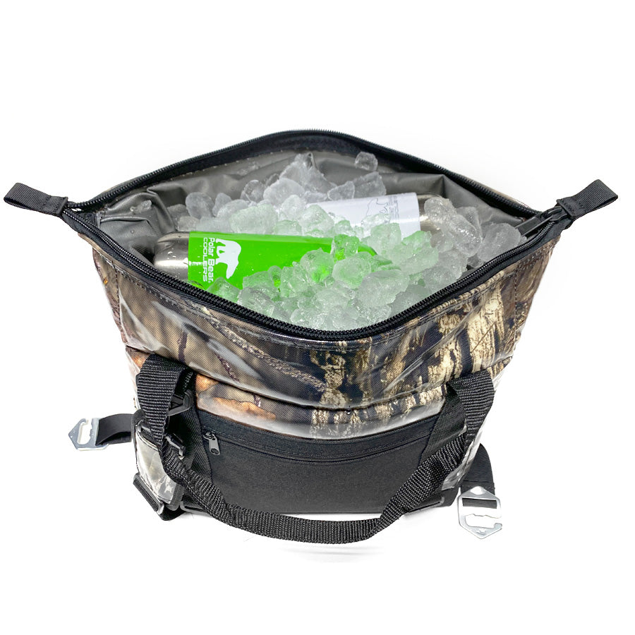 Camouflage-patterned cooler bag with ice and a green label on a white background