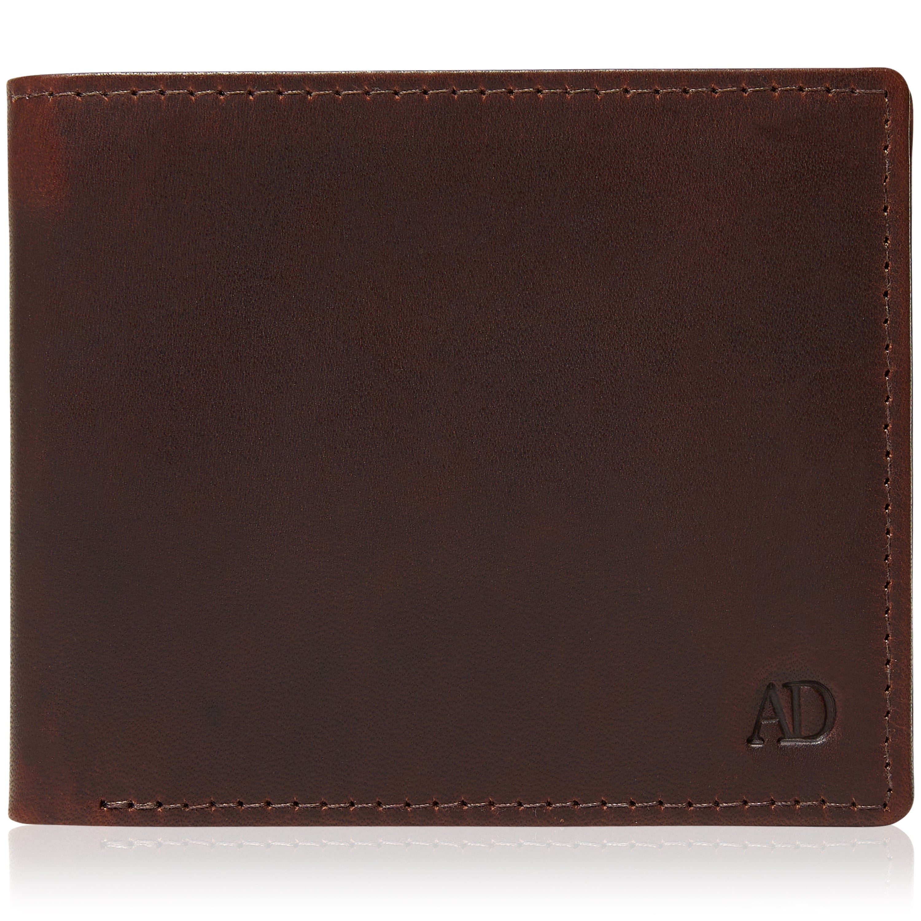Brown leather wallet with a visible brand logo on a white background