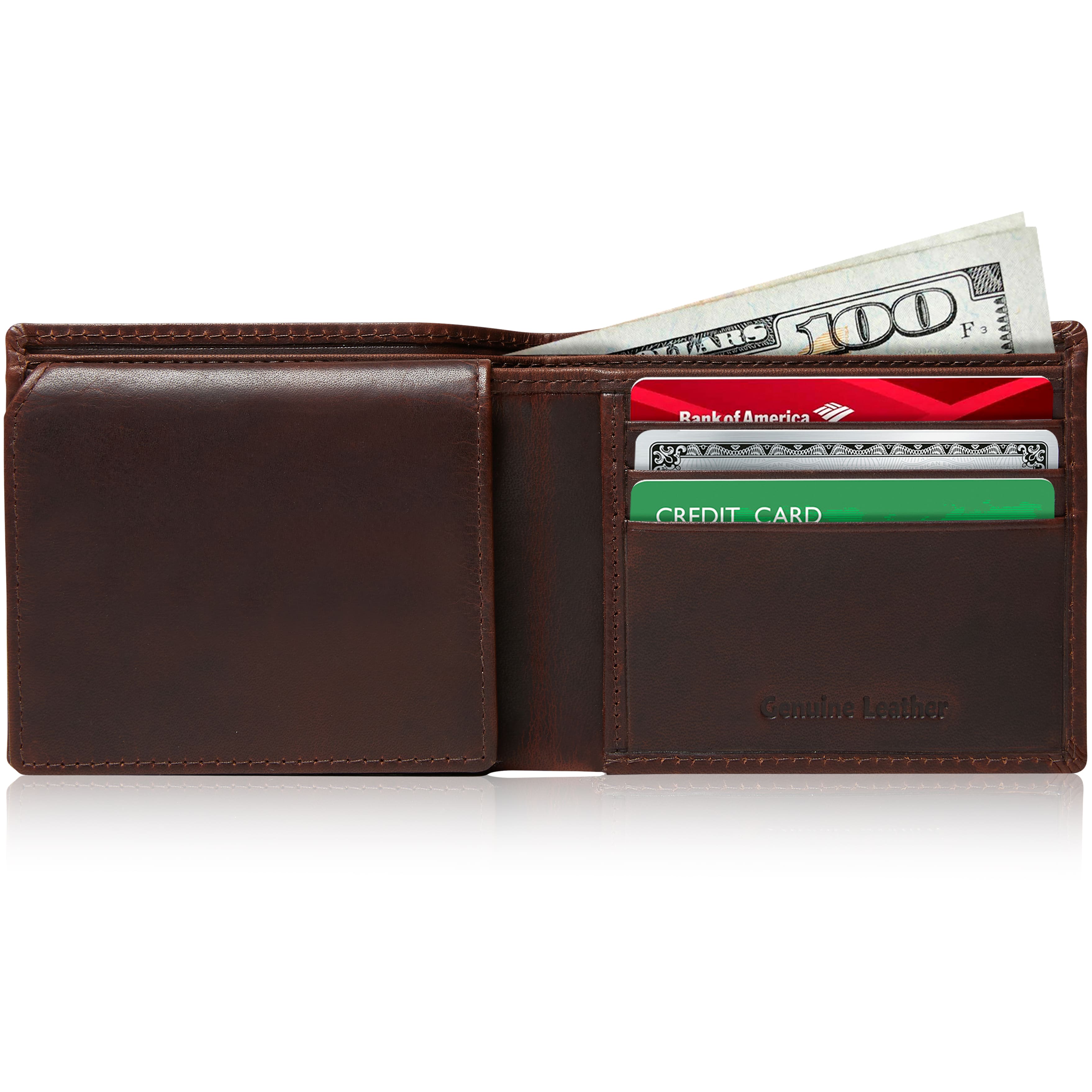 Brown leather wallet with money and cards on a white background