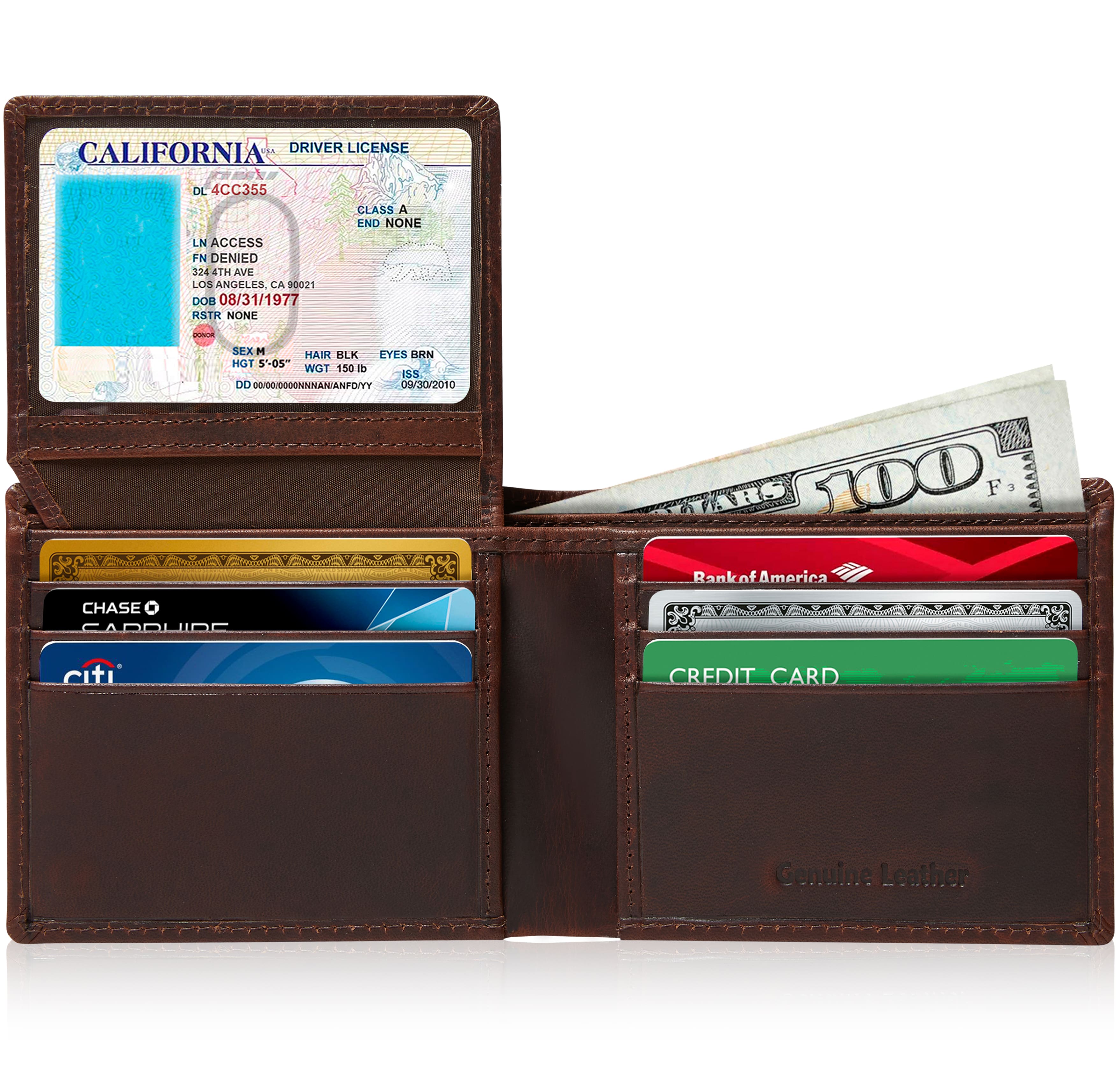 Brown leather wallet with various cards and money on a white background