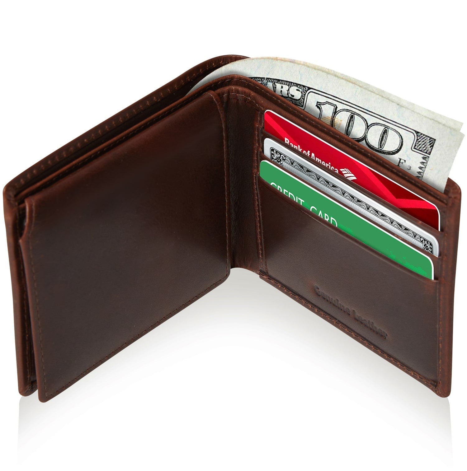 Brown leather wallet with money and cards on a white background