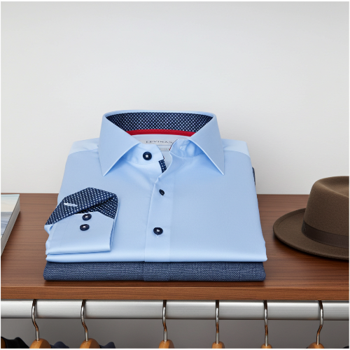 Folded light blue dress shirt with dark polka dot trim on a wooden surface with a hat and coat rack in the background.
