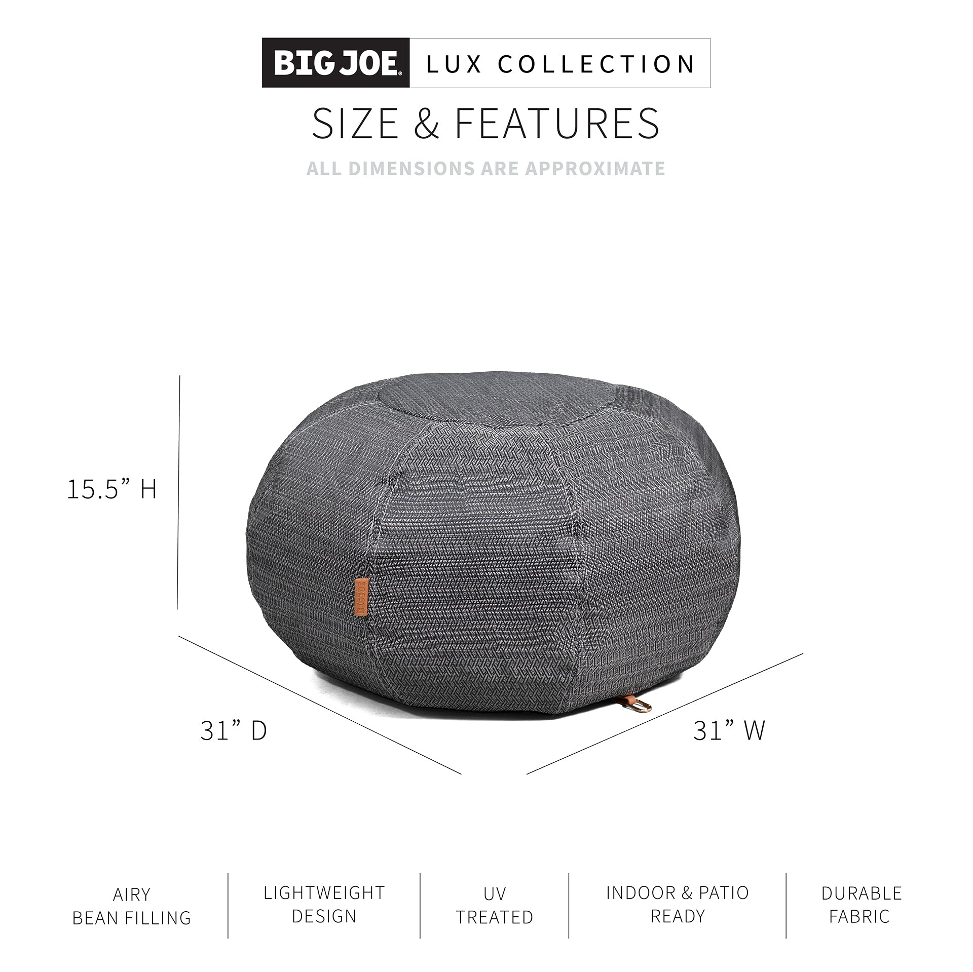Gray bean bag with dimensions and features on a white background