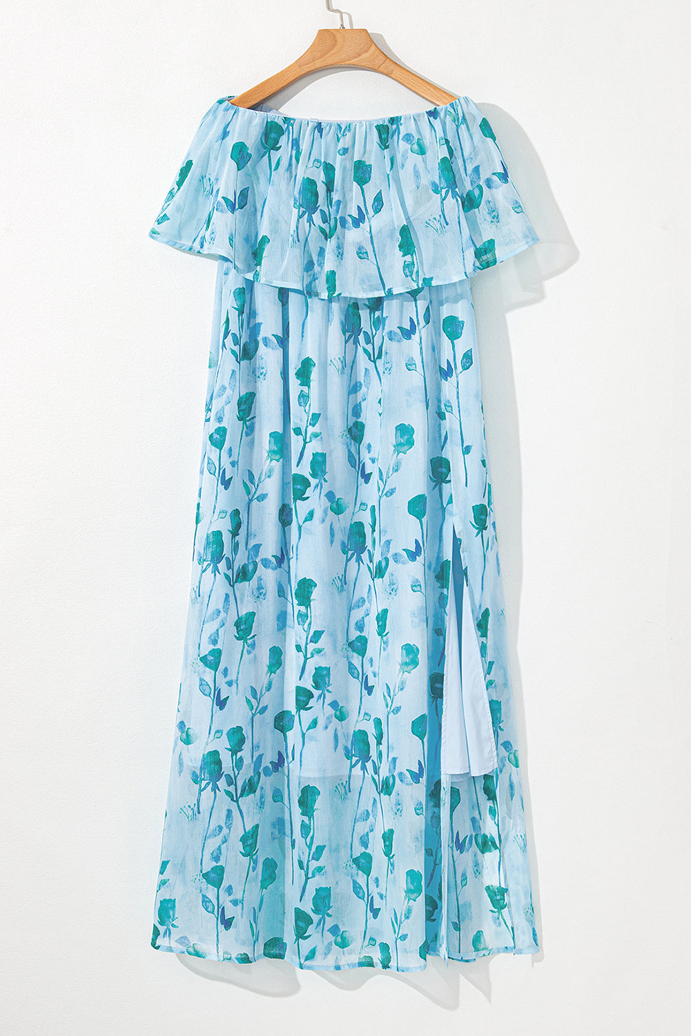 Green Floral Print Ruffled Side Slit Tube Maxi Dress