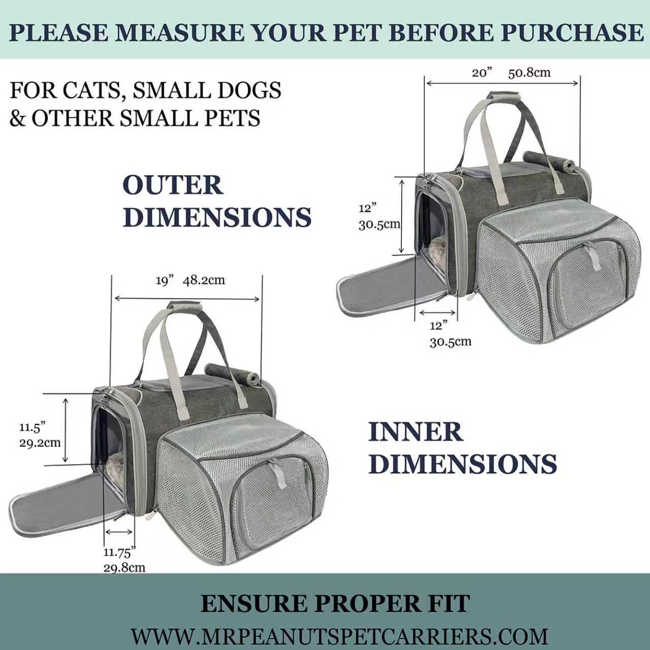 Pet carrier with dimensions labeled for cats, small dogs, and other small pets.