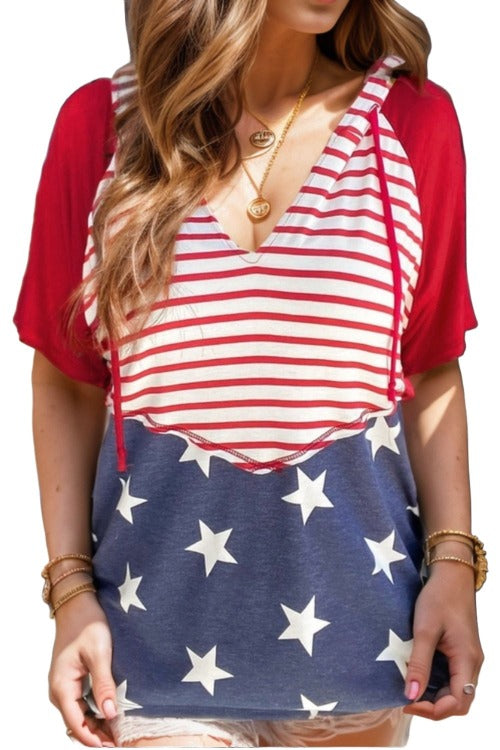 Drawstring Star & Stripes Half Sleeve Hooded Top