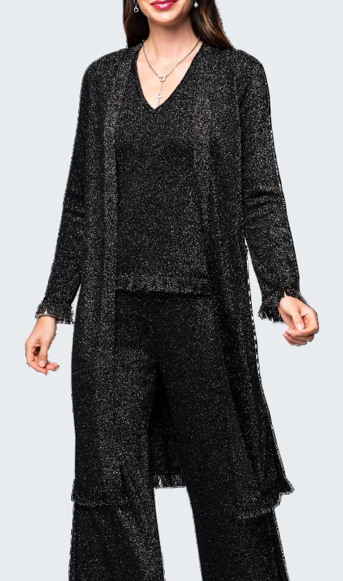 Woman wearing a black textured outfit on a white background
