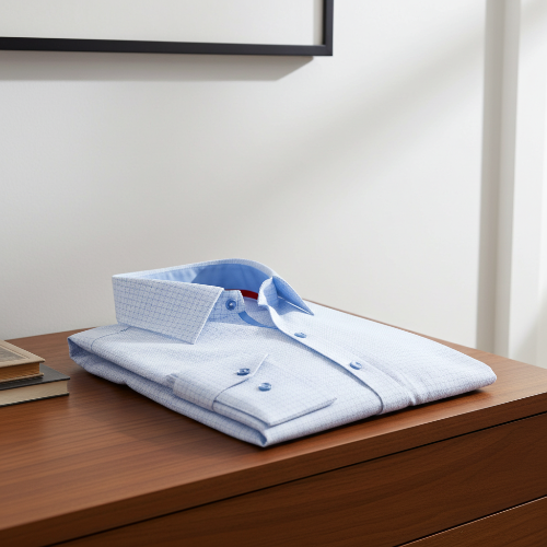 Folded light blue checkered shirt on a wooden surface with a white wall background