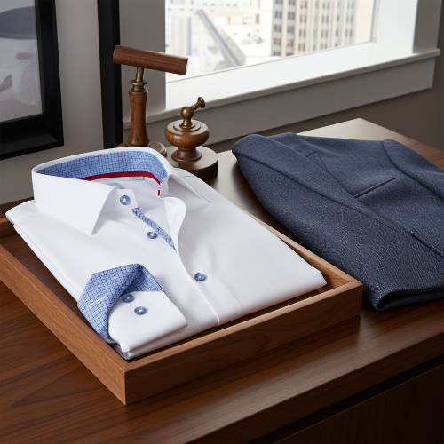 Folded white shirt with blue accents in a wooden tray on a wooden surface.