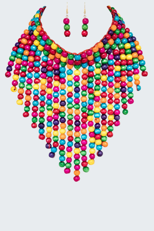 Wooden Beads Statement Necklace Set