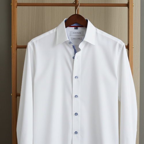 White dress shirt on a hanger against a neutral background