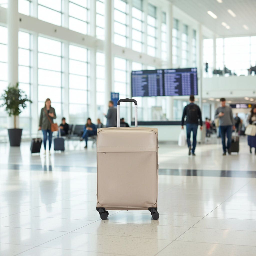 Beige suitcase with wheels on a white background