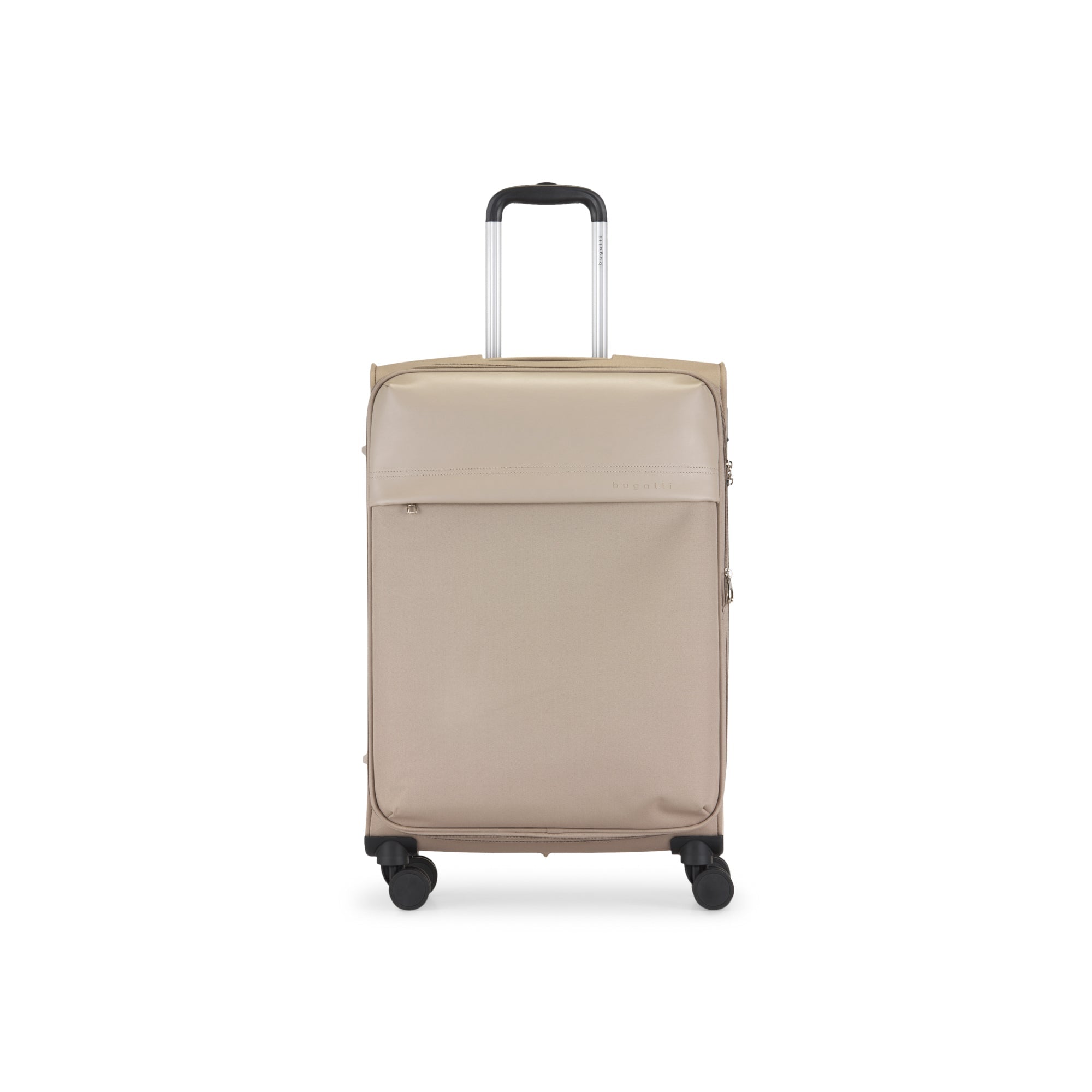 Beige suitcase with wheels on a white background