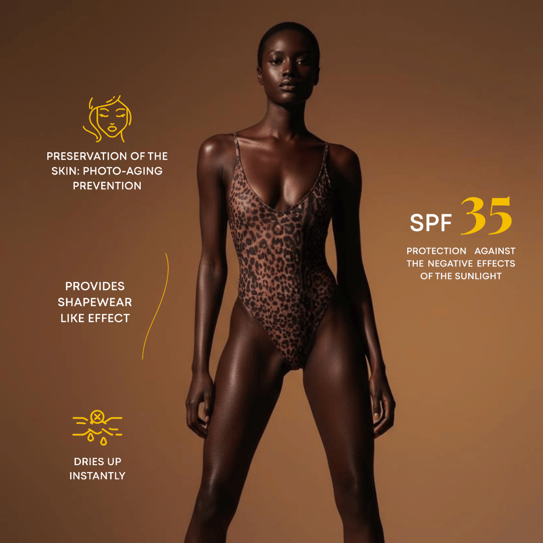 Model wearing a leopard print swimsuit with text about skincare benefits on a brown background