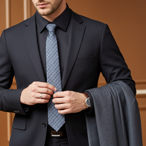 Man wearing a black suit with a patterned tie against a brown background