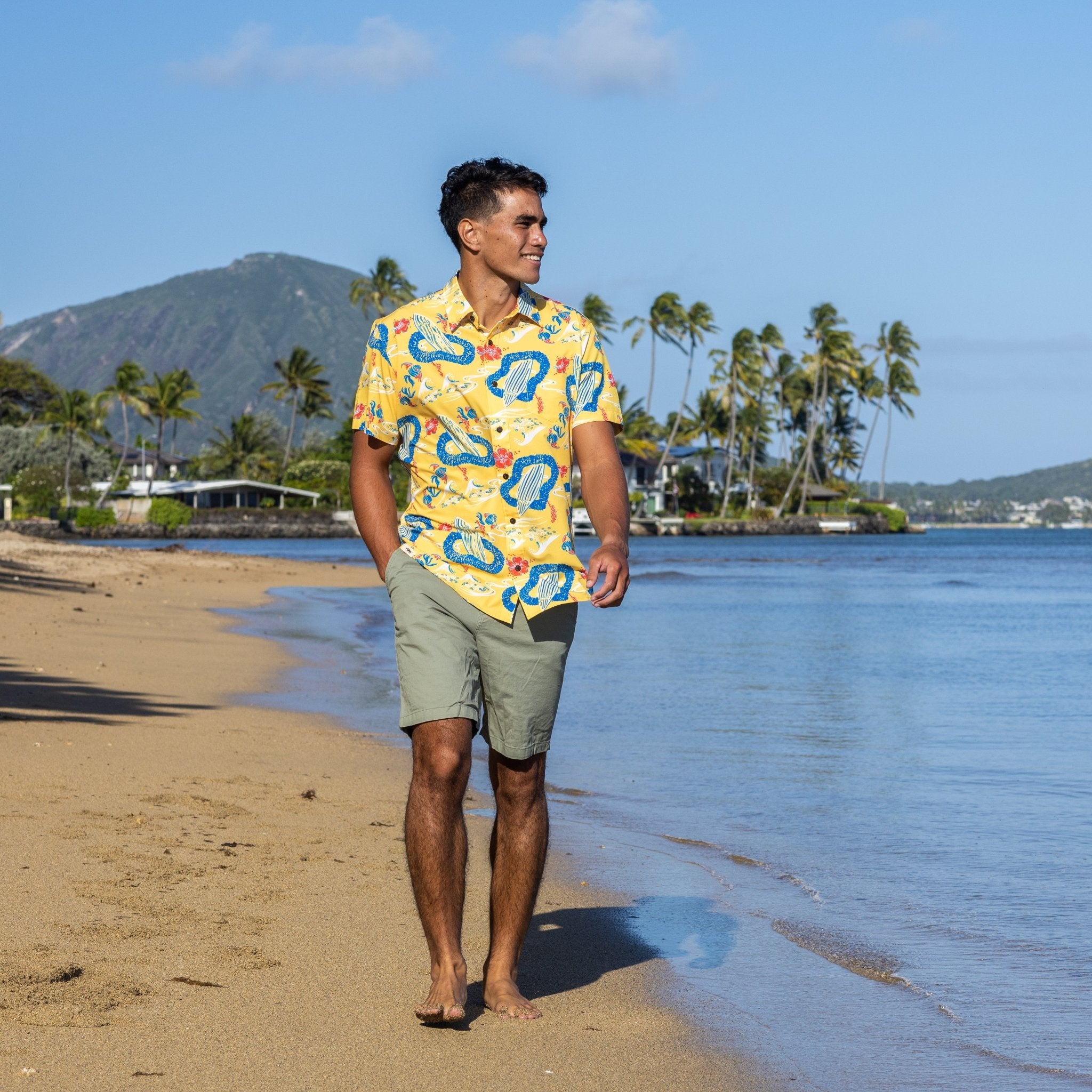 Man in a colorful shirt walking on a beach with palm trees and mountains in the background