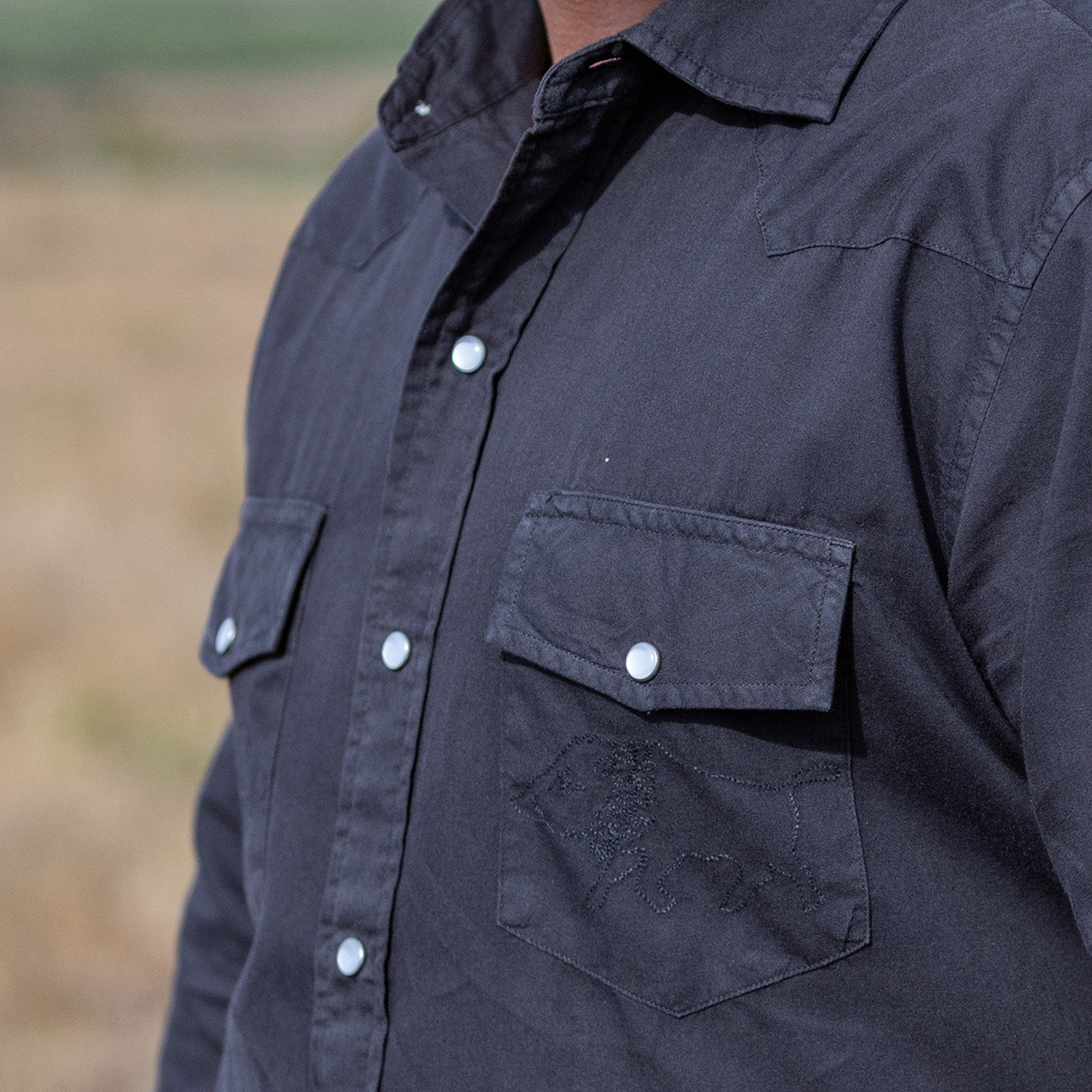 Close-up of a dark gray button-up shirt with a blurred natural background