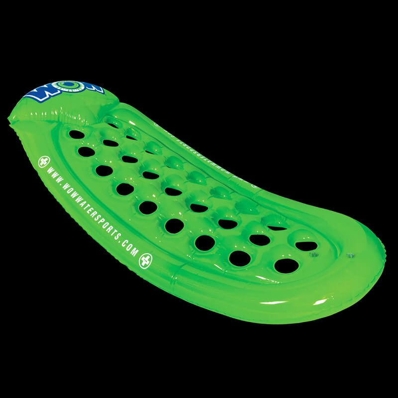 Green inflatable pool float with holes on a black background