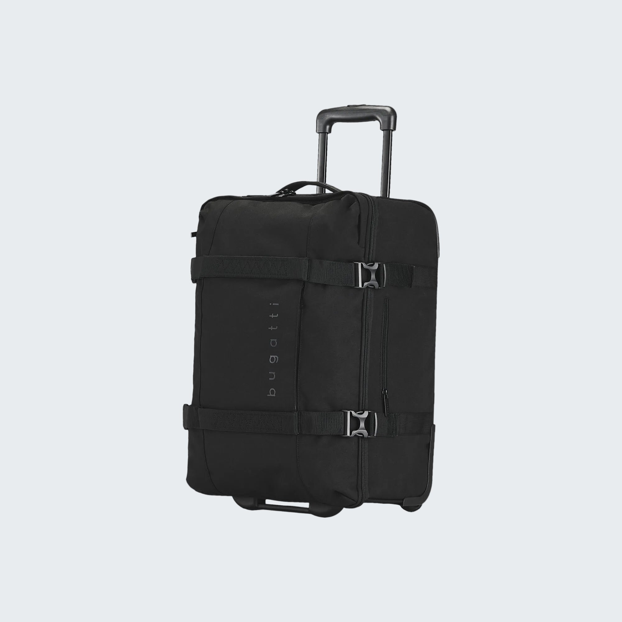 Black rolling suitcase on a white background