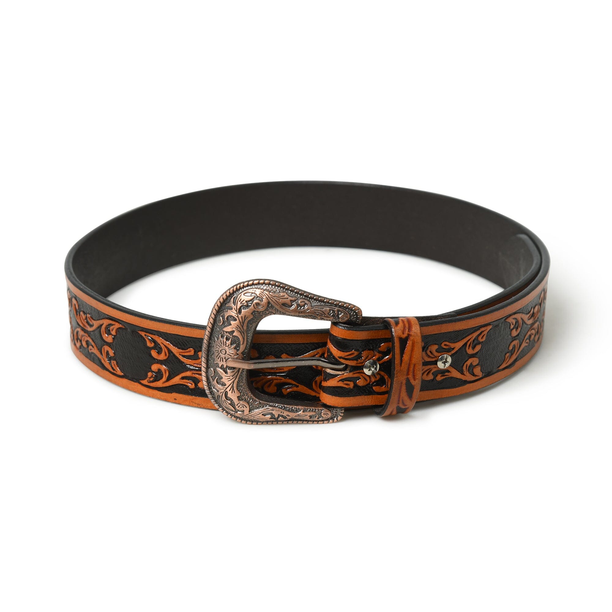 Black and brown leather belt with decorative buckle on a white background