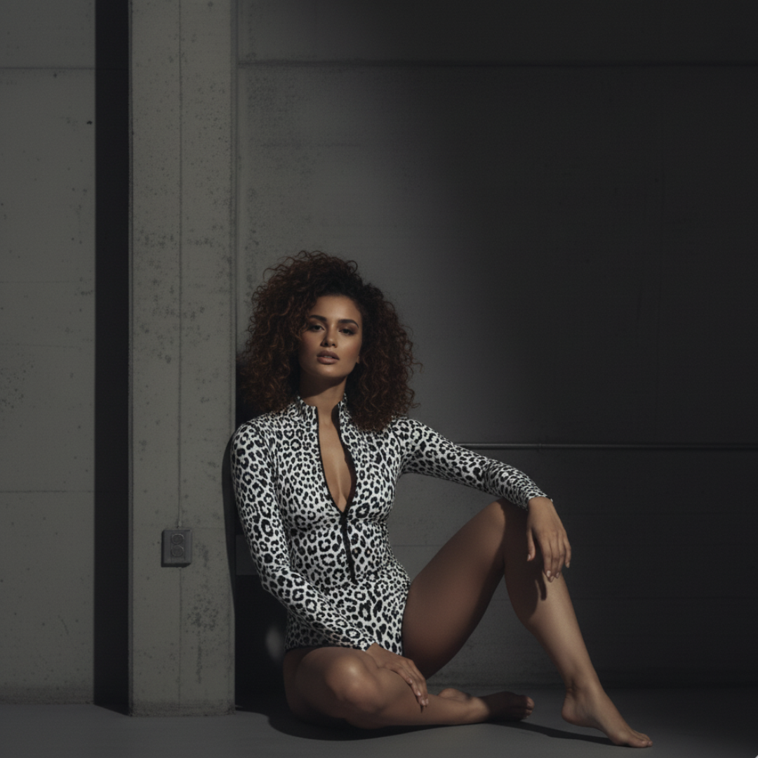 Woman in a leopard print outfit sitting against a dark wall.