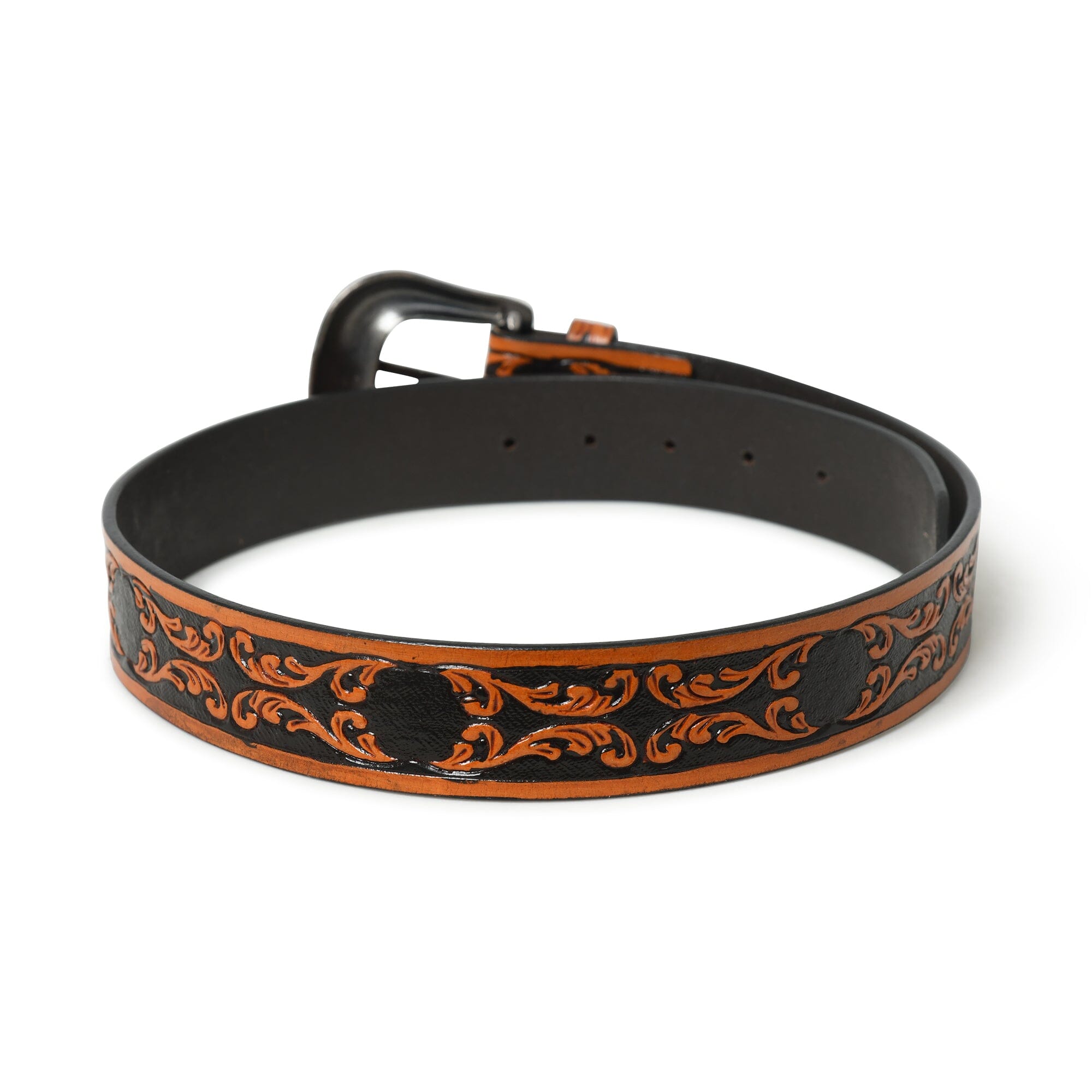 Black leather belt with brown embossed pattern on a white background