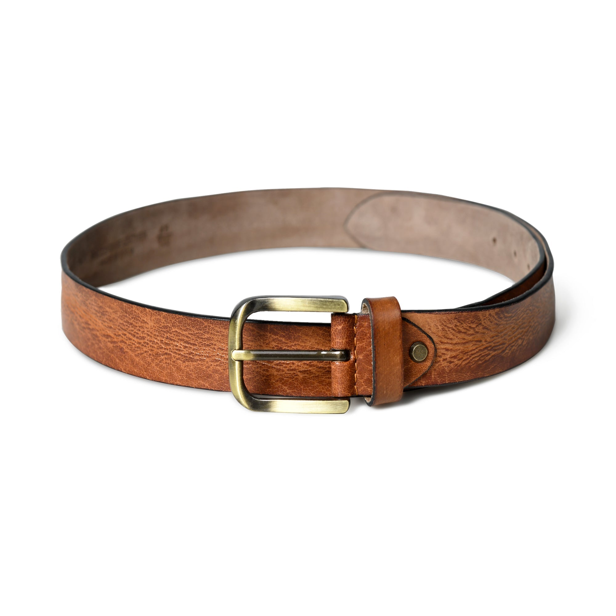 Brown leather belt with brass buckle on a white background