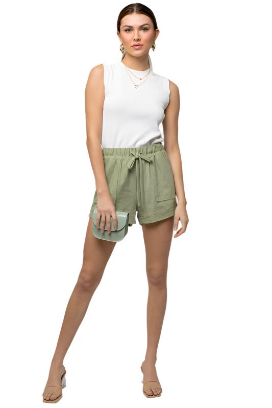 Elastic Waist Front Pocket Roll-Up Shorts