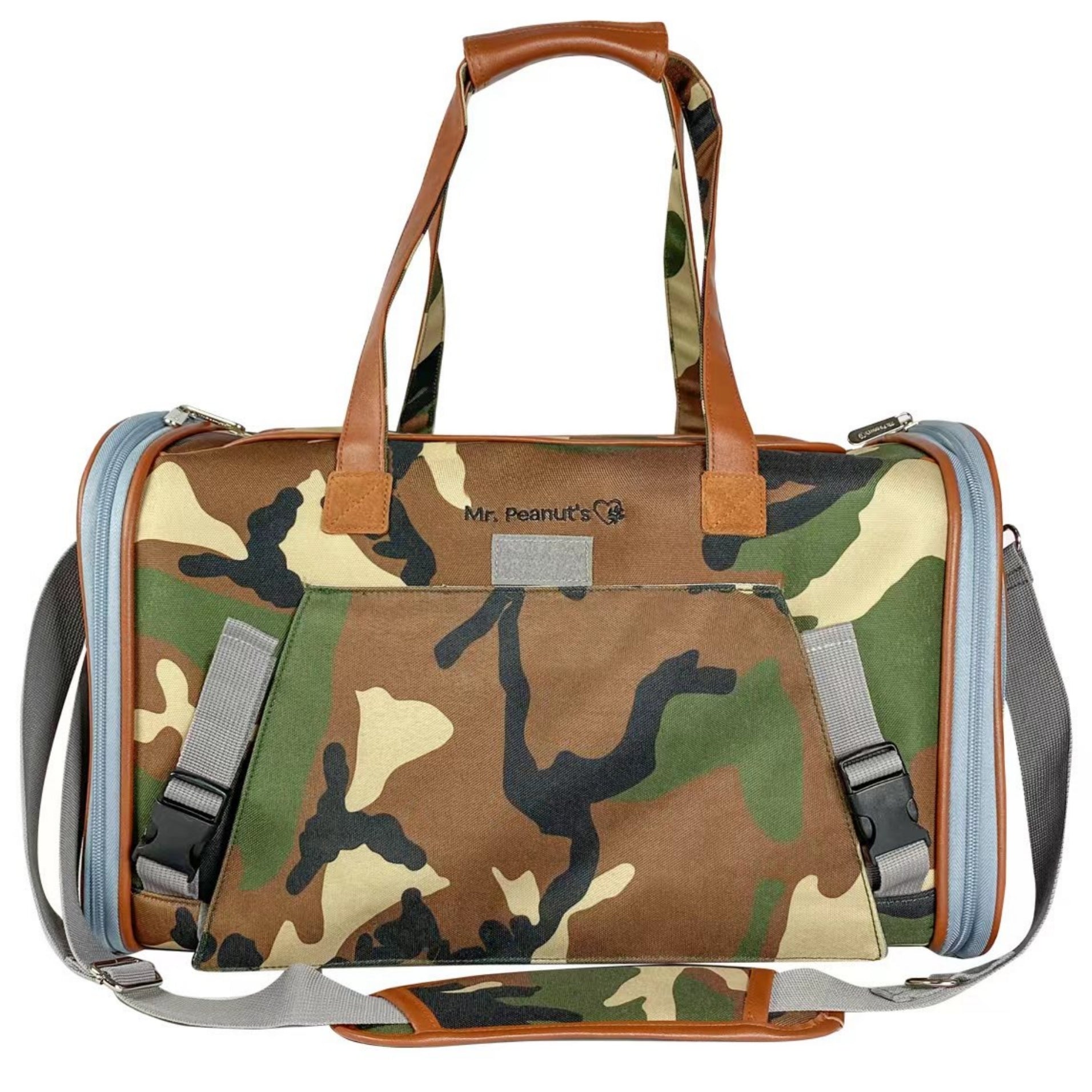 Camouflage pet carrier with brown handles on a white background