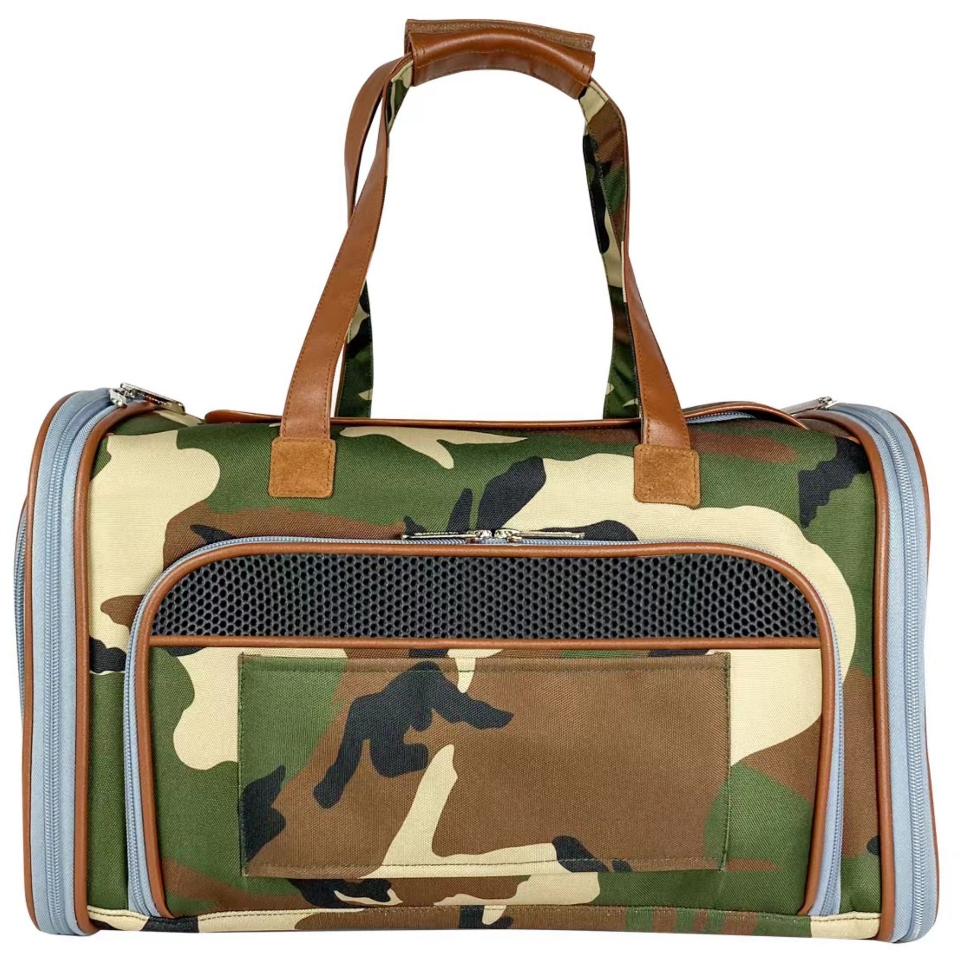 Camouflage pet carrier with brown handles on a white background