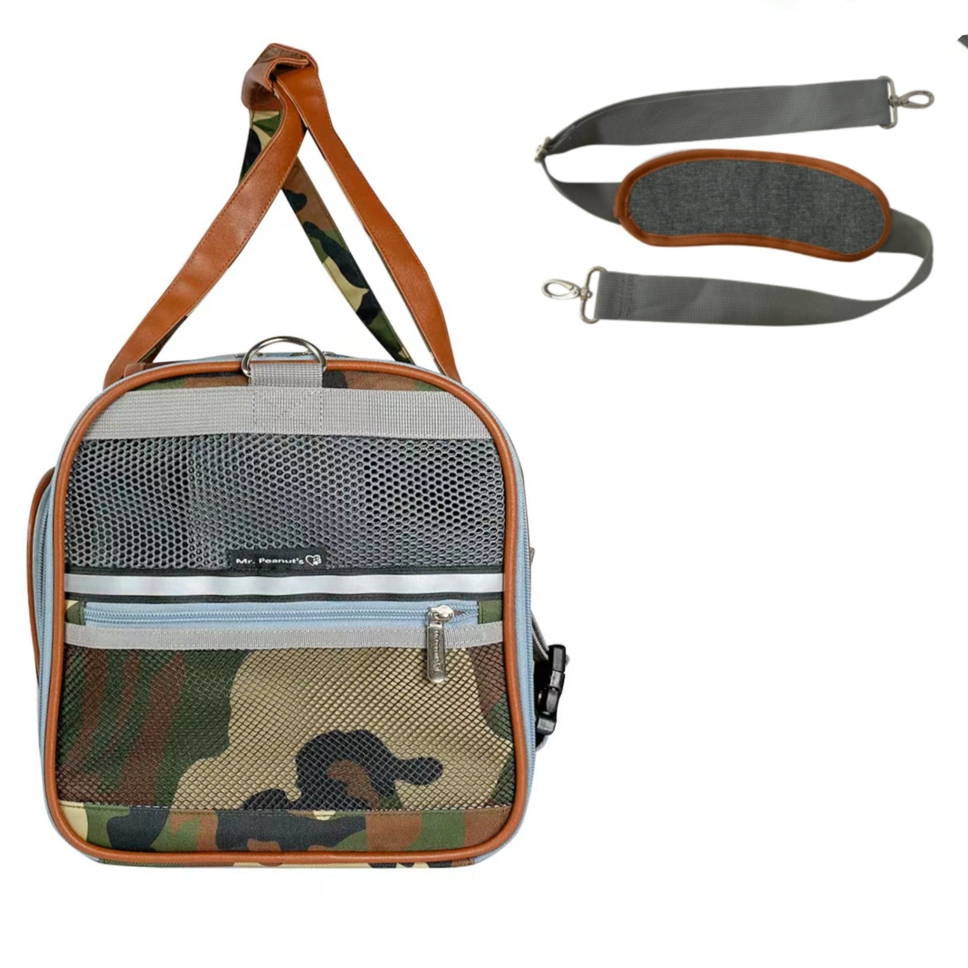 Camouflage pet carrier with brown strap and additional straps on a white background