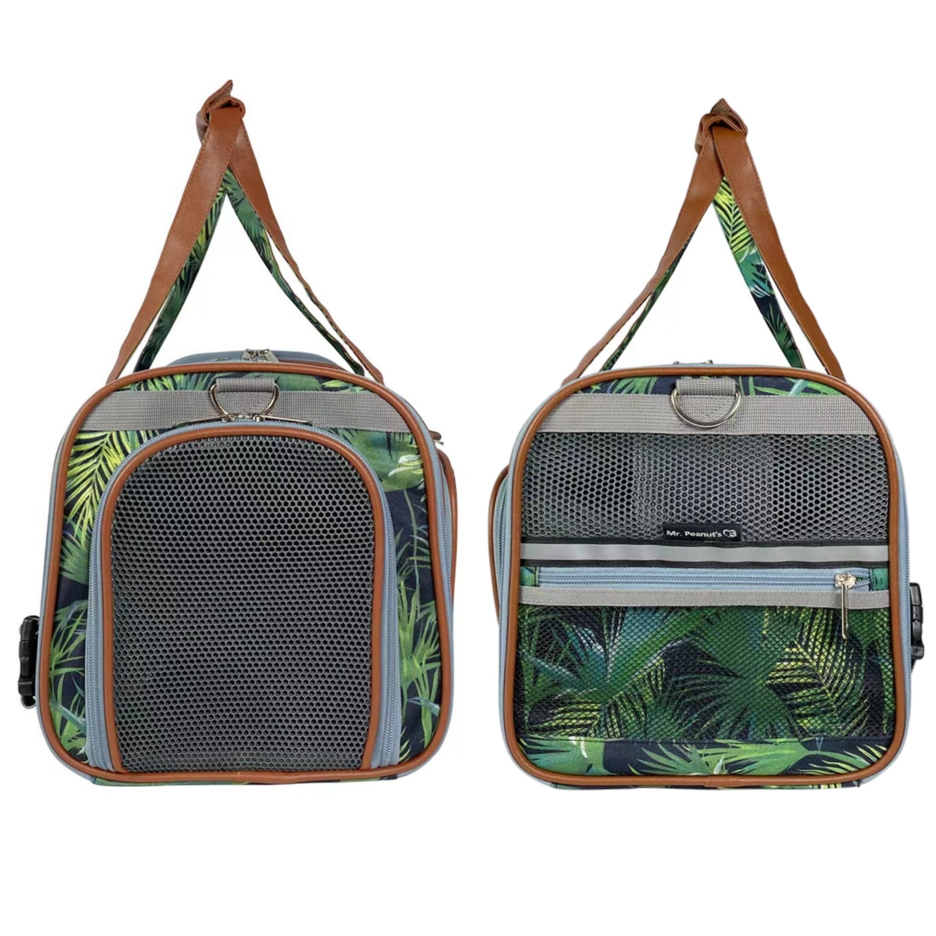 Pet carrier with tropical leaf design on a white background