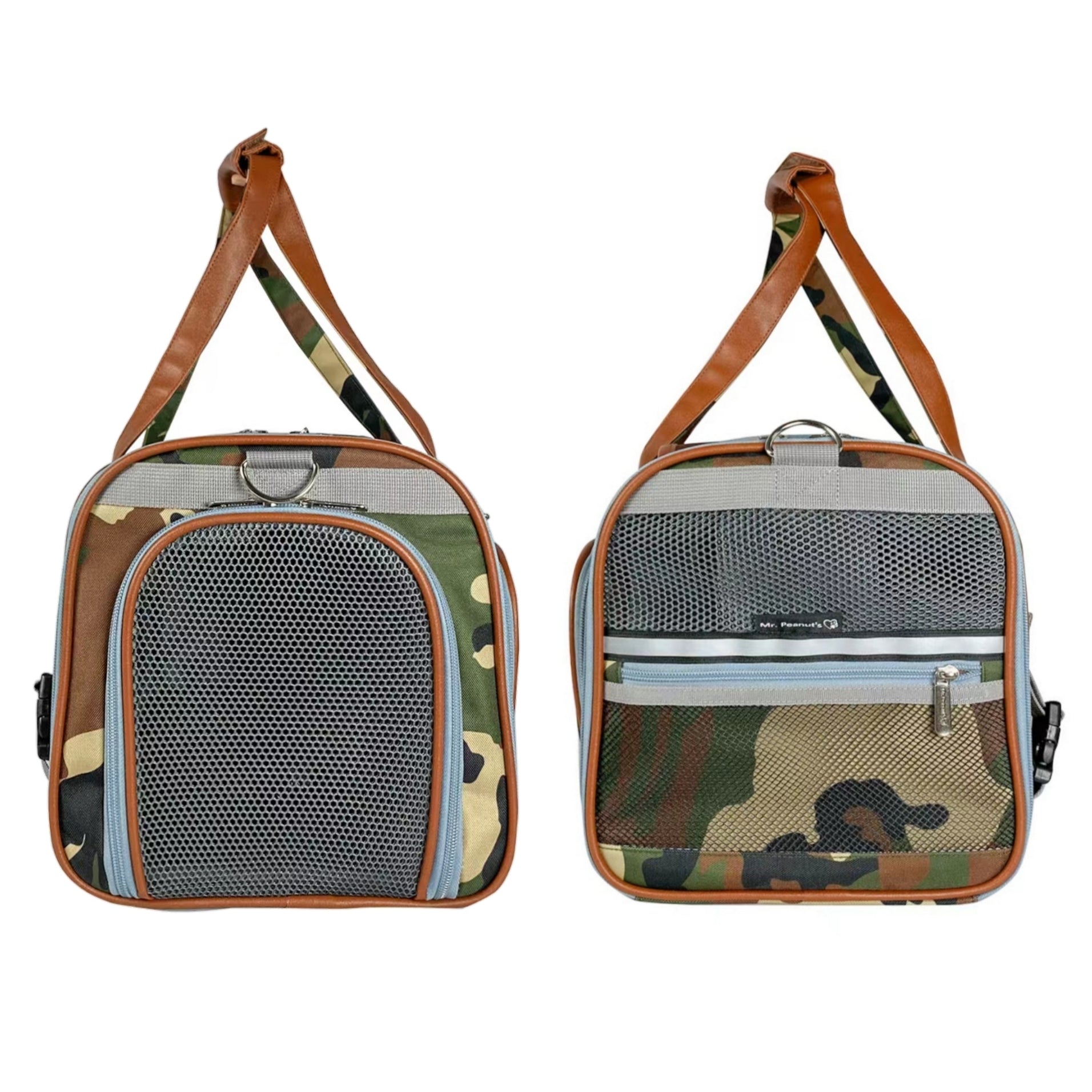 Two camouflage-patterned bags with brown straps on a white background