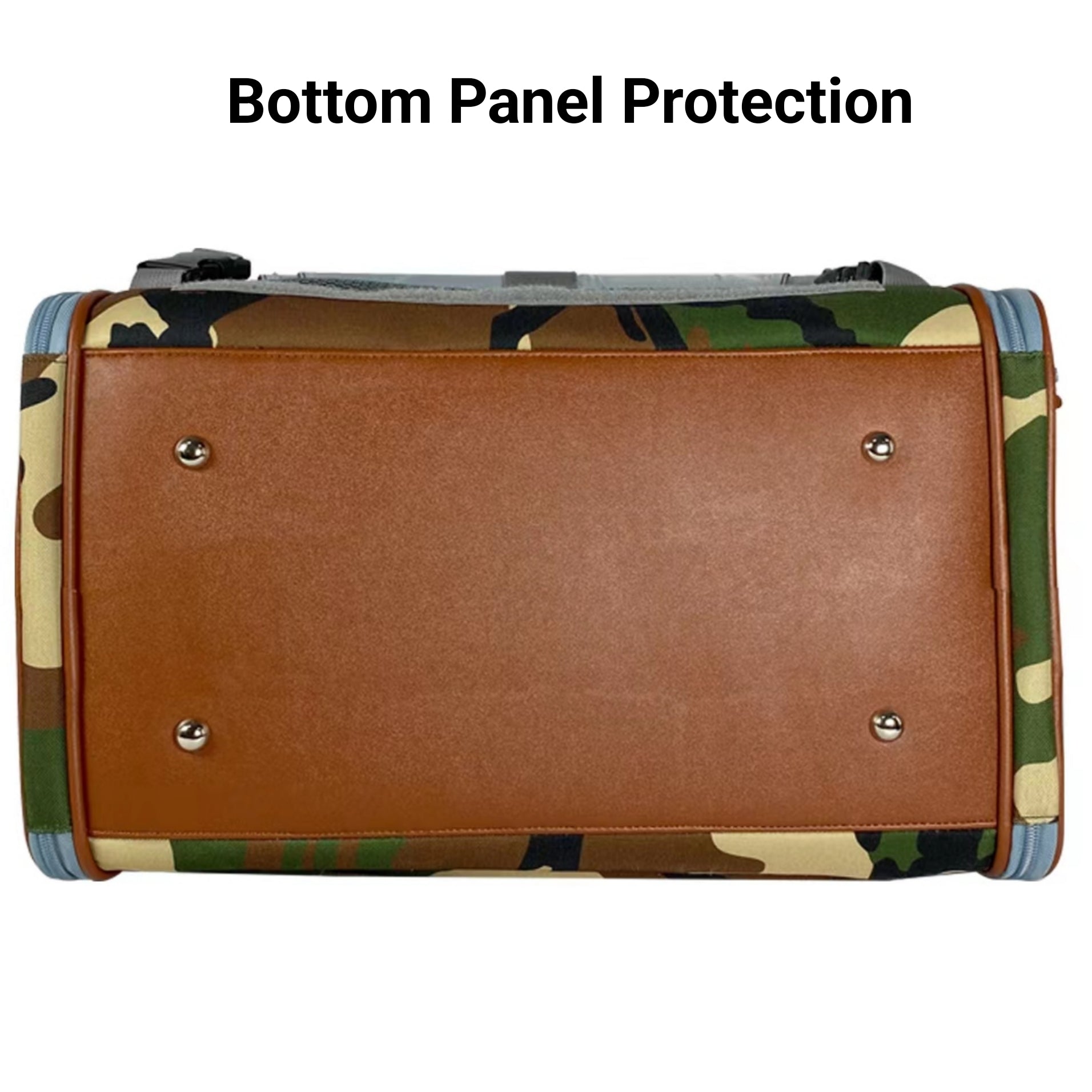 Camouflage-patterned bag with brown bottom panel protection on a white background