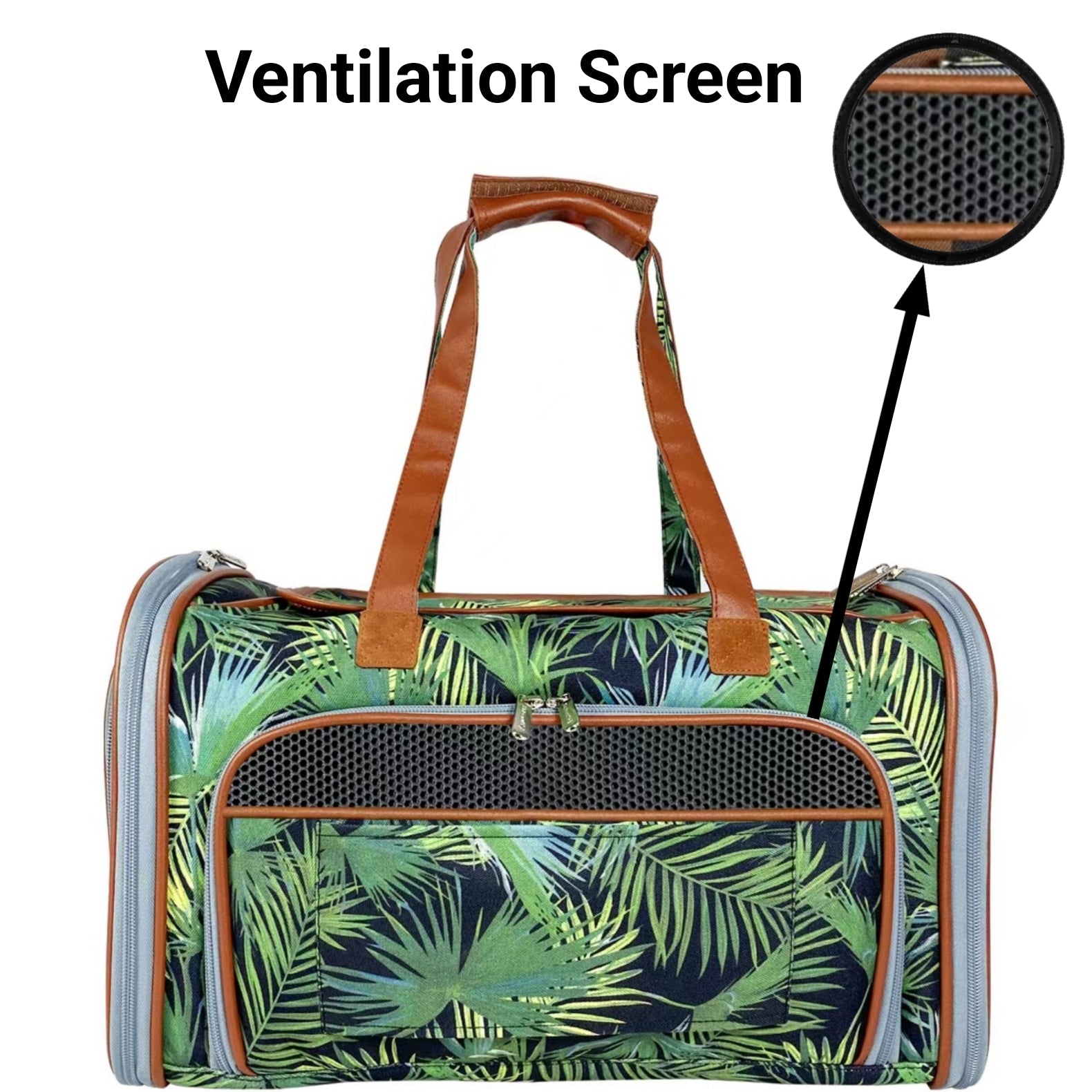 Pet carrier with green leaf pattern and brown handles, highlighting the ventilation screen.