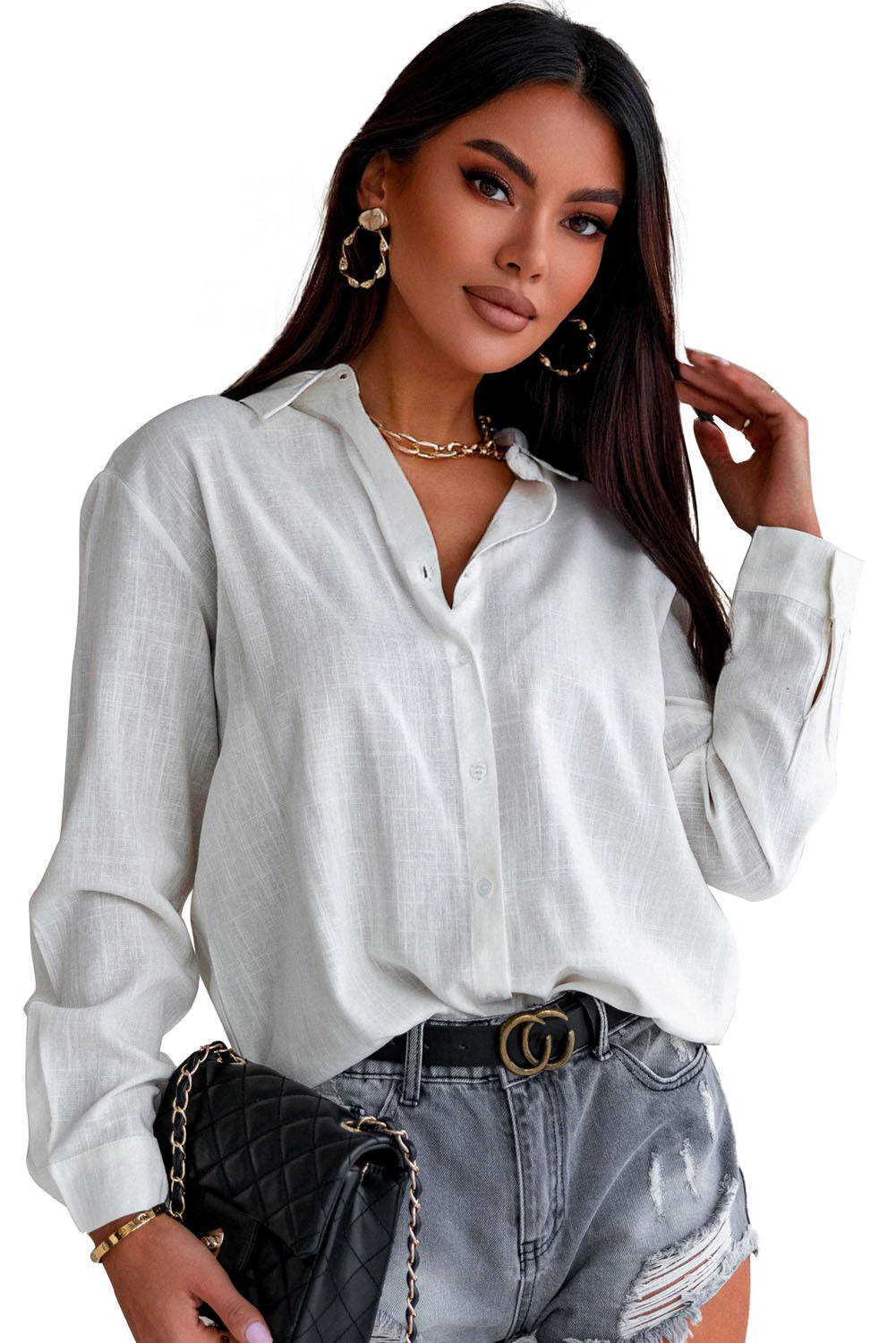 White Textured Solid Color Basic Shirt