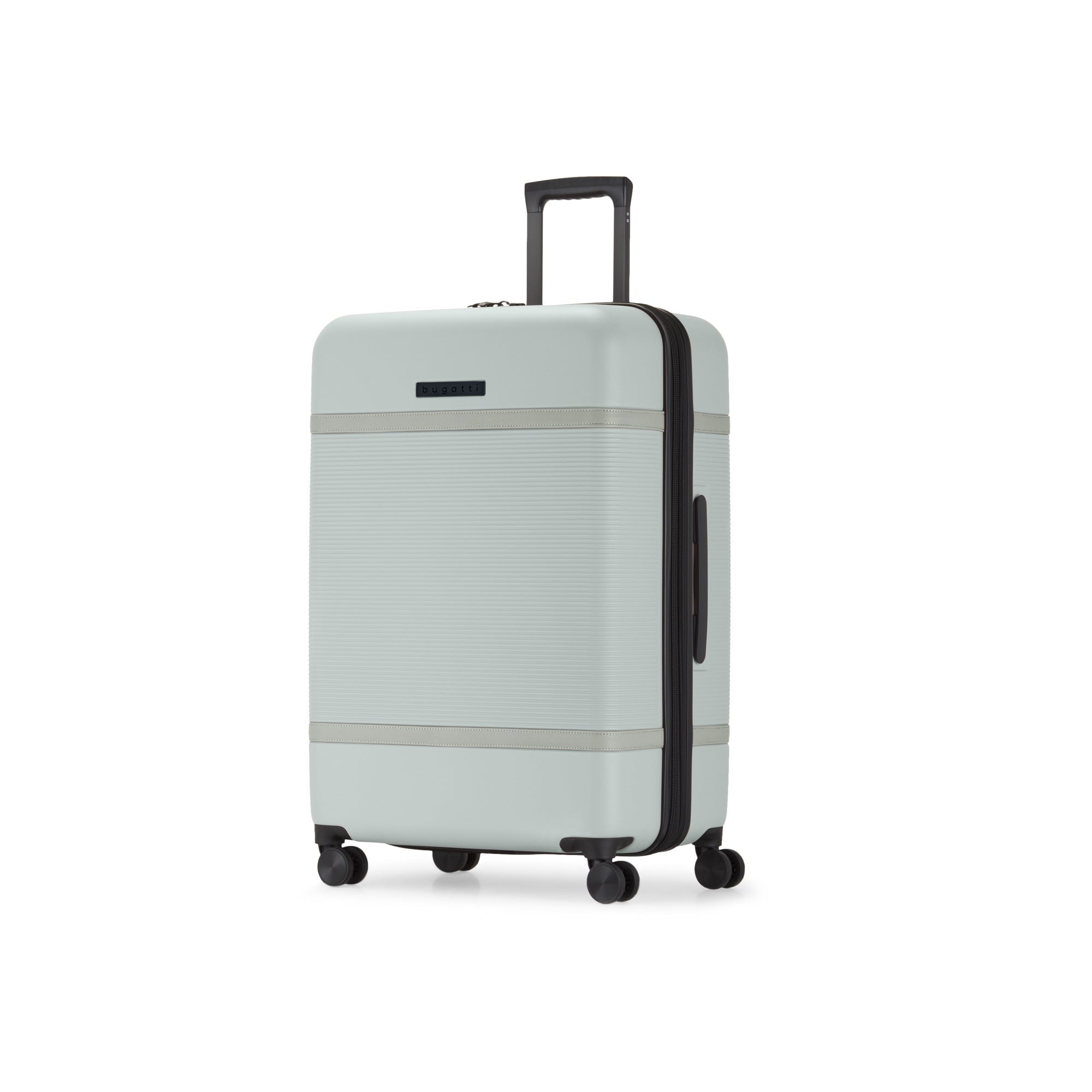 Light gray suitcase with black wheels and handle on a white background