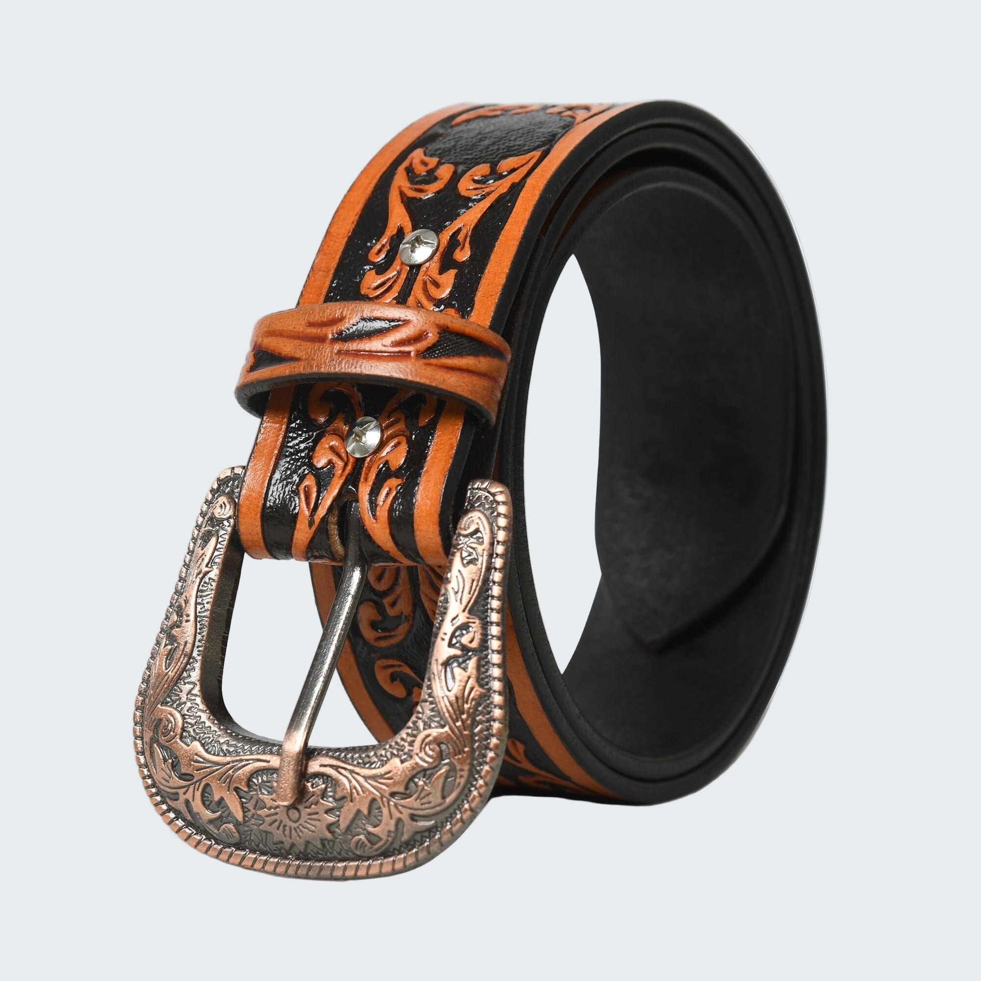 Black leather belt with brown leather strap and decorative buckle on a white background