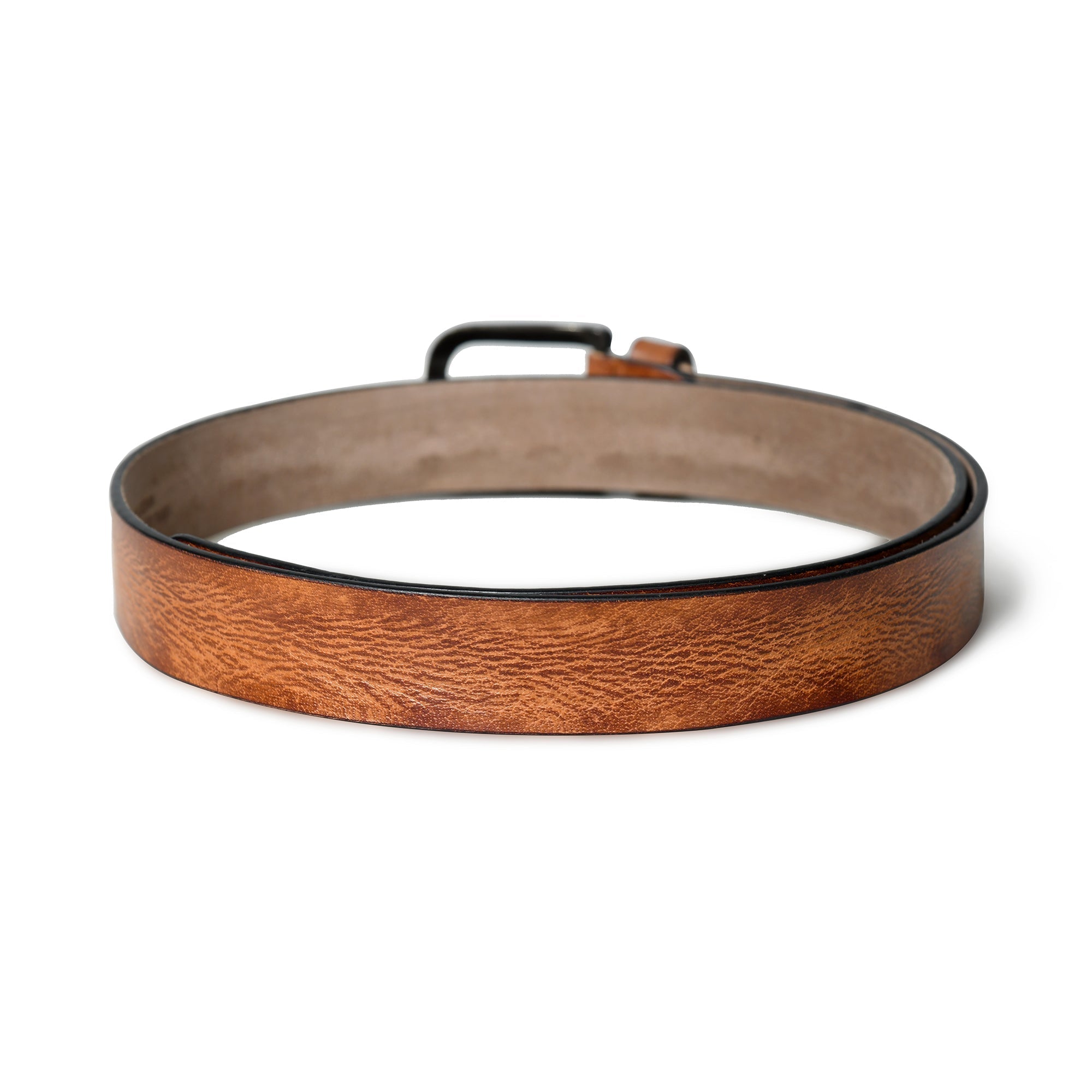 Brown leather belt with a black buckle on a white background